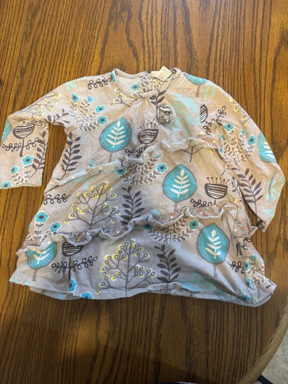 Angel Dear Taupe and Teal Floral Ruffle Long Sleeve Top
